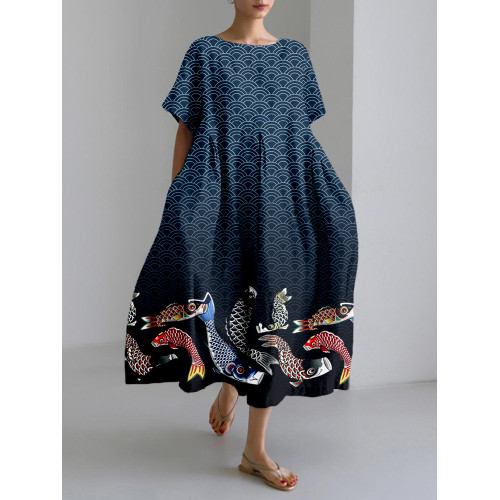 Japanese Koinobori & Waves Pattern Linen Blend Maxi Dress