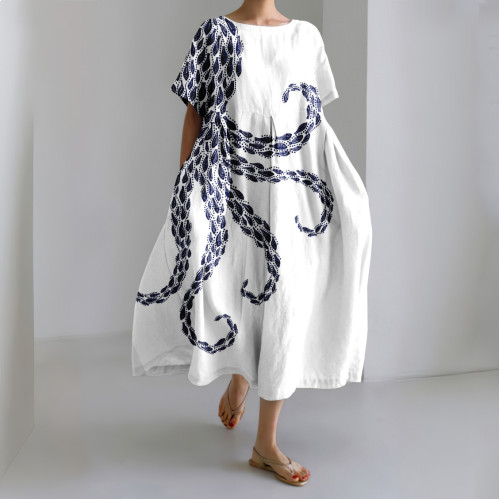 Japanese Little Fishes Abstract Octopus Art Linen Blend Casual Dress