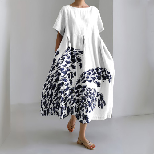 Japanese Little Fishes Abstract Wave Art Linen Blend Casual Dress