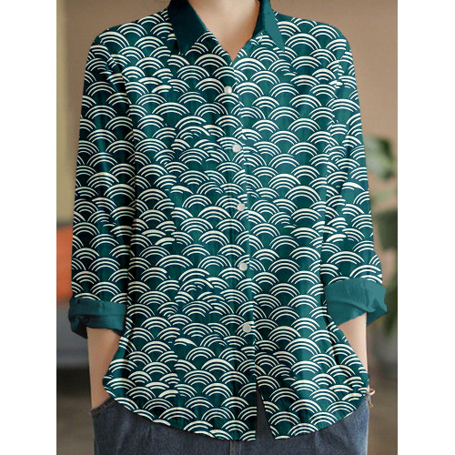 Japanese Minimalism Wave Pattern Linen Blend Blouse