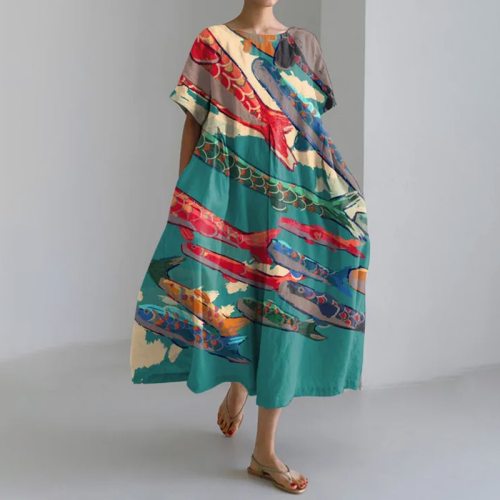 Japanese Ocean Art Print Loose Casual Midi Dress