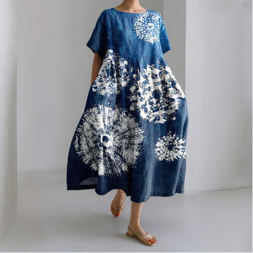 Japanese Ocean Art Print Short Sleeve Loose Midi Dress