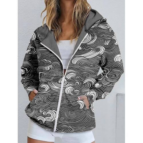Japanese Ocean Waves Inspired Zip Up Cozy Hoodie