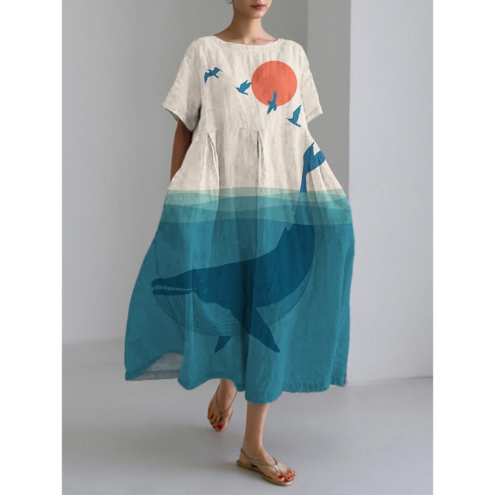 Japanese Ocean & Red Sun Print Linen Blend Maxi Dress