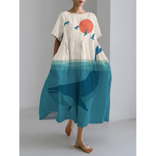 Japanese Ocean & Red Sun Print Linen Blend Maxi Dress