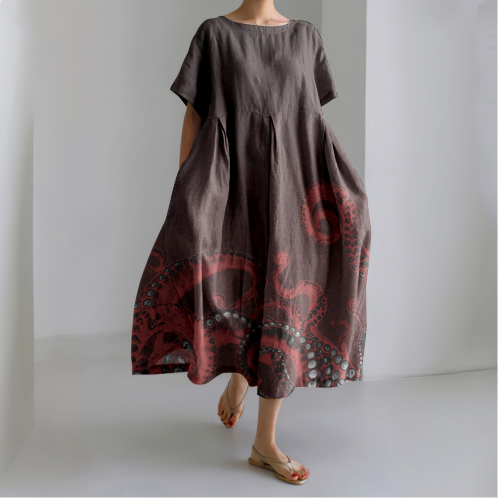 Japanese Octopus Art Linen Blend Casual Dress