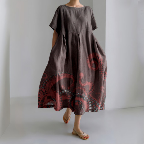 Japanese Octopus Art Linen Blend Casual Dress
