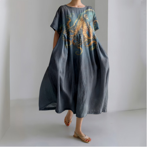 Japanese Octopus Art Linen Blend Casual Dress