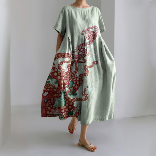 Japanese Octopus Art Print Crew Neck Loose Midi Dress