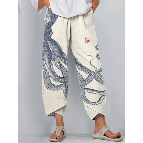 Japanese Octopus Art Print Loose Casual Pants