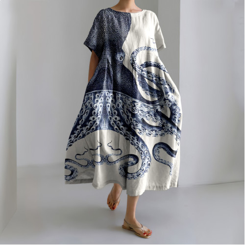 Japanese Octopus Art Print Short Sleeve Loose Midi Dress