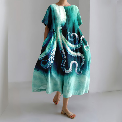 Japanese Octopus Watercolor Art Linen Blend Casual Dress