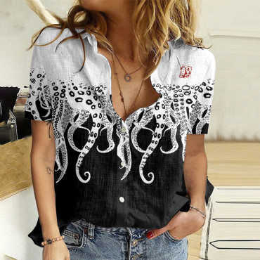 Japanese Sea Life Octopus Legs Lino Art Linen Blend Blouse