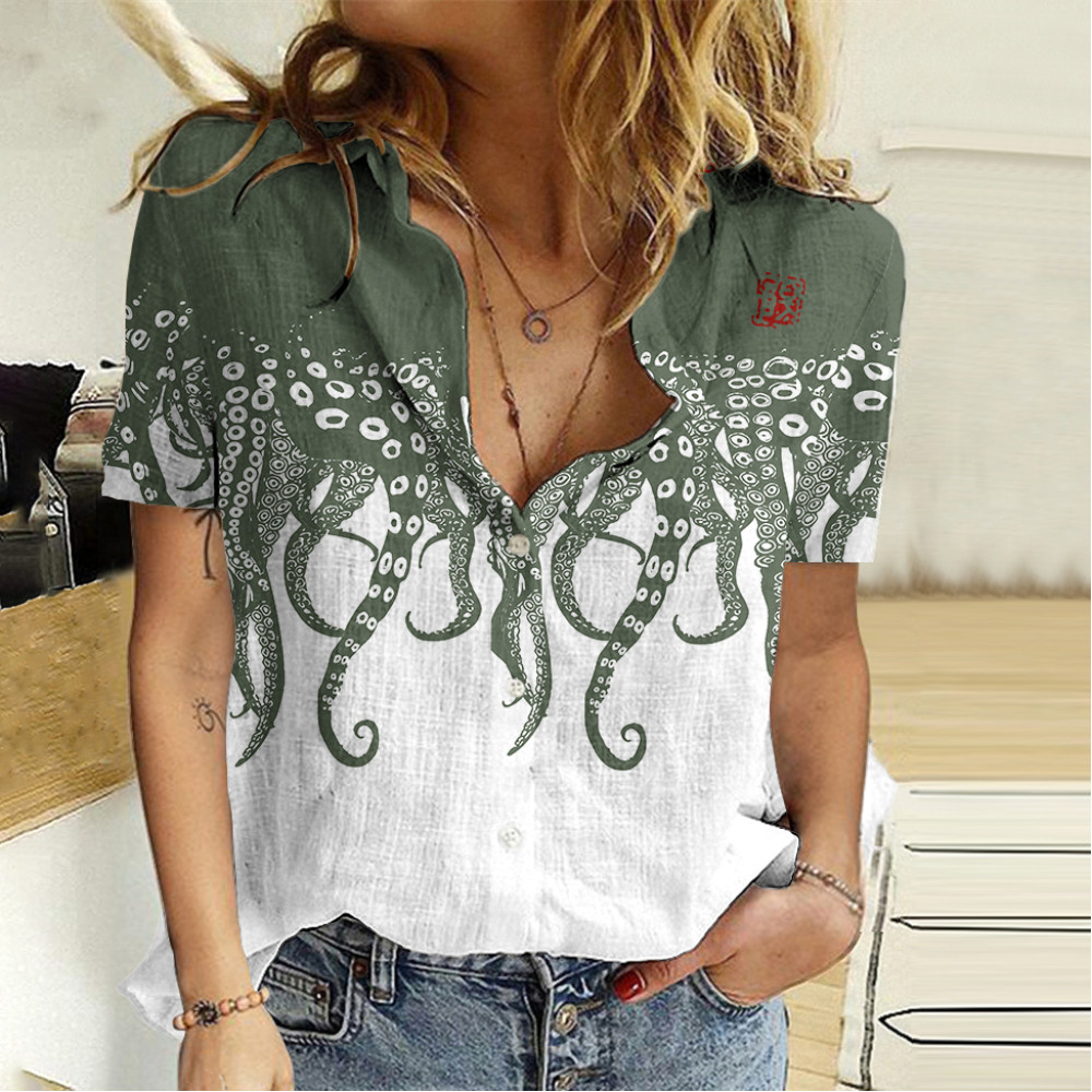 Japanese Sea Life Octopus Legs Lino Art Linen Blend Blouse
