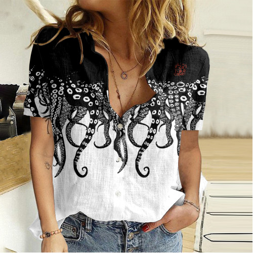 Japanese Sea Life Octopus Legs Lino Art Linen Blend Blouse