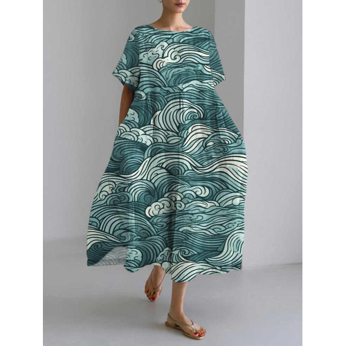 Japanese Sea Wave Pattern Short Sleeve Midi Dress