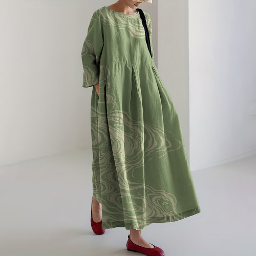 Japanese Sea Wave Print Linen Blend Cozy Maxi Dress