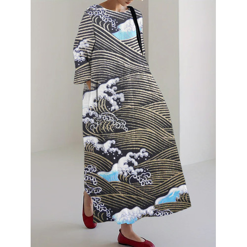 Japanese Sea Wave Print Linen Blend Cozy Maxi Dress