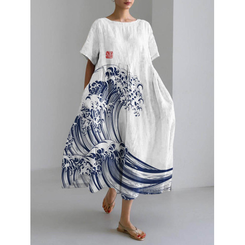 Japanese Sea Wave Print Linen Maxi Dress