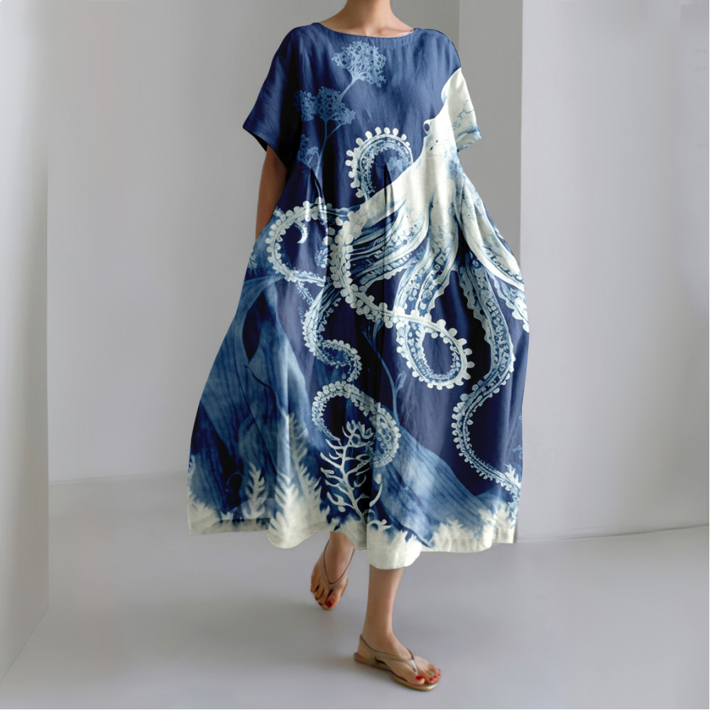 Japanese Seaweed Octopus Art Linen Blend Casual Dress