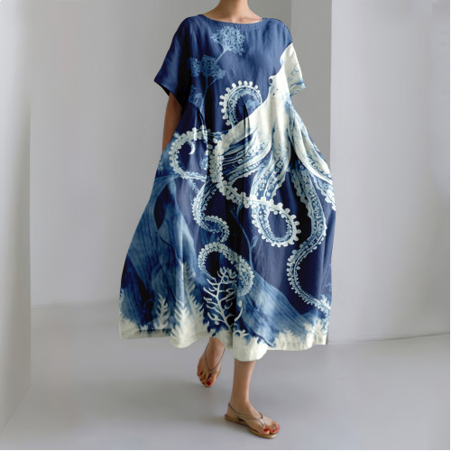 Japanese Seaweed Octopus Art Linen Blend Casual Dress