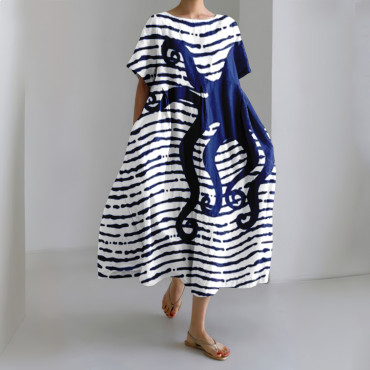 Japanese Stripe Octopus Art Linen Blend Casual Dress