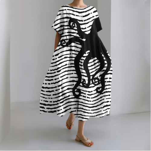 Japanese Stripe Octopus Art Linen Blend Casual Dress