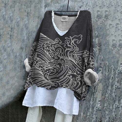 Japanese Style Marine V-Neck Loose Blouse