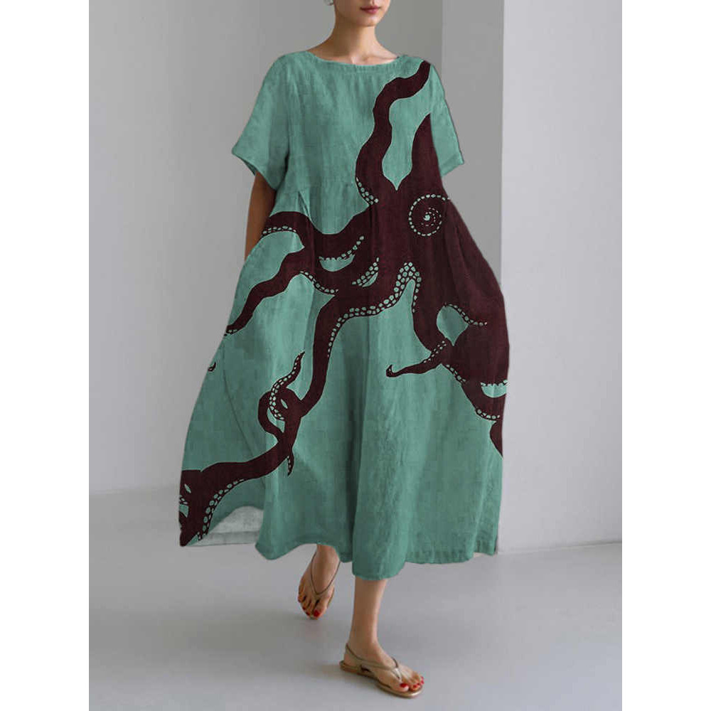 Japanese Style Octopus Pattern Short Sleeve Midi Dress