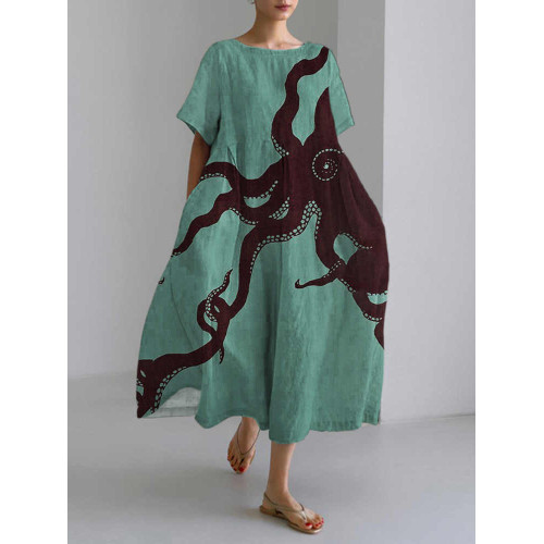 Japanese Style Octopus Pattern Short Sleeve Midi Dress