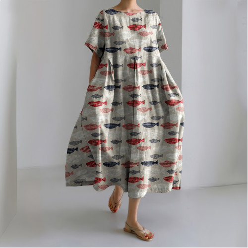 Japanese Vintage Fish Art Linen Blend Casual Dress