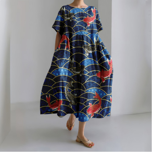 Japanese Vintage Koi Art Casual Linen Blend Maxi Dress