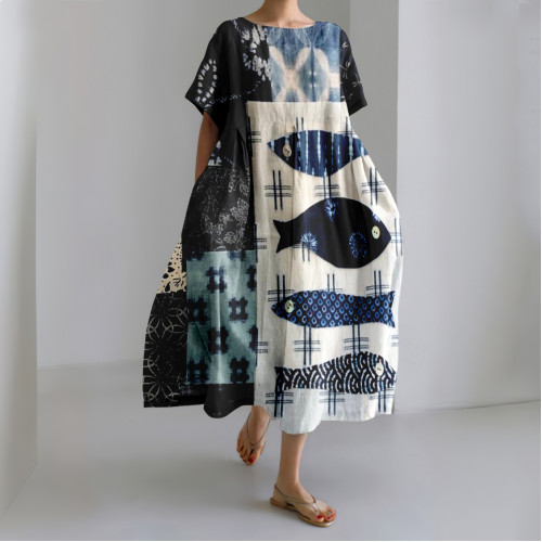 Japanese Vintage Patchwork Fish Art Casual Linen Blend Maxi Dress