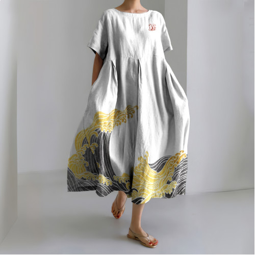 Japanese Wave Art Print Short Sleeve Linen Blend Maxi Dress