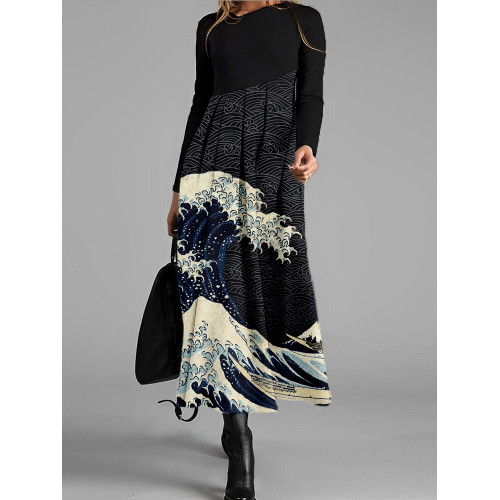 Japanese Wave Inspired Contrast Pleated Maxi Dress