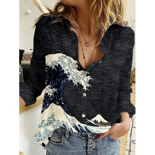 Japanese Wave Inspired Graphic Cozy Blouse