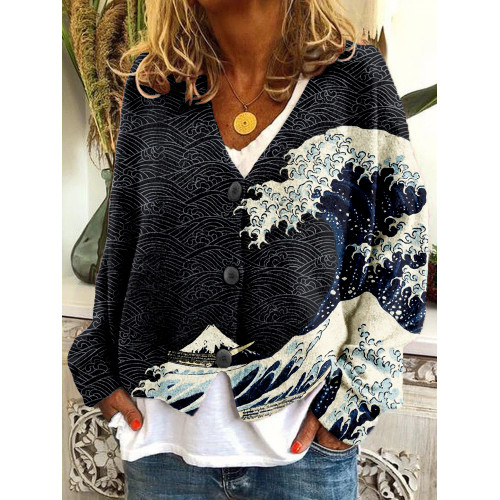 Japanese Wave Inspired Graphic Cozy Button Cardigan