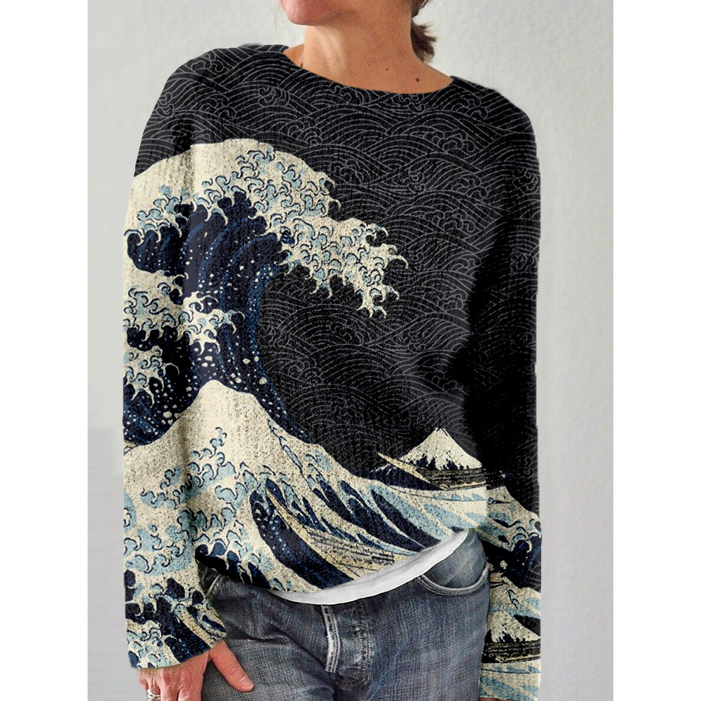 Japanese Wave Inspired Graphic Crew Neck Comfy Sweater