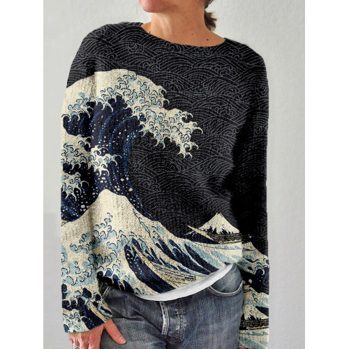 Japanese Wave Inspired Graphic Crew Neck Comfy Sweater