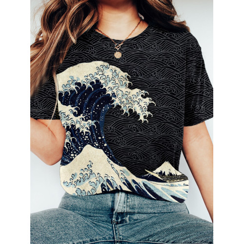 Japanese Wave Inspired Graphic Crew Neck Vintage T Shirt