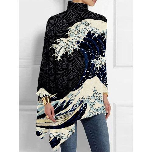 Japanese Wave Inspired Graphic High Neck Bat Sleeve T Shirt