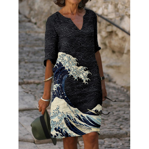 Japanese Wave Inspired Graphic Notch Neck Midi Dress