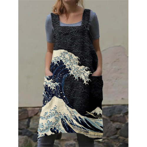 Japanese Wave Inspired Patch Pocket Cross Back Apron