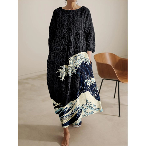 Japanese Wave Inspired Pattern Comfy Midi Dress