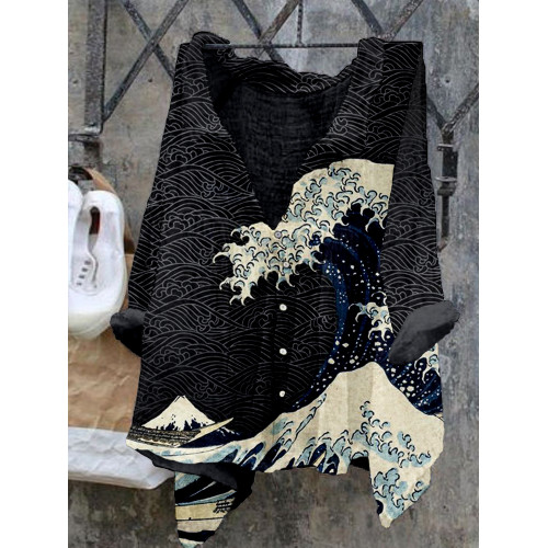 Japanese Wave Inspired Pattern Cozy Flowy Shirt