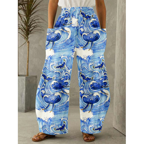 Japanese Wave Inspired Whale Art Wide Leg Casual Pants