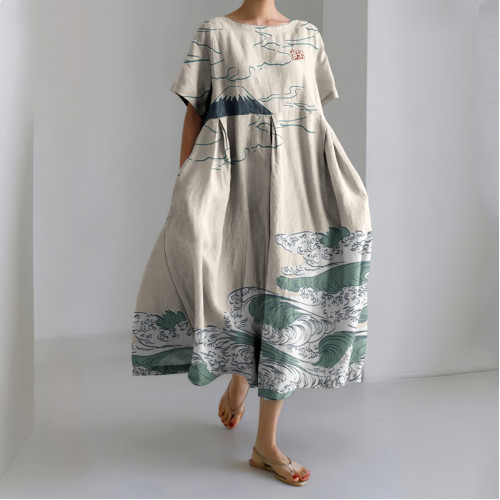 Japanese Wave Landscape Art Print Short Sleeve Linen Blend Maxi Dress