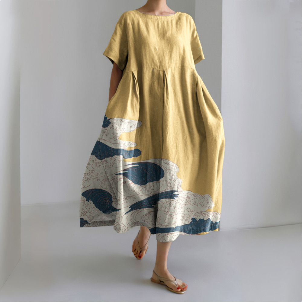 Japanese Wave Pattern Vintage Art Linen Blend Long Dress