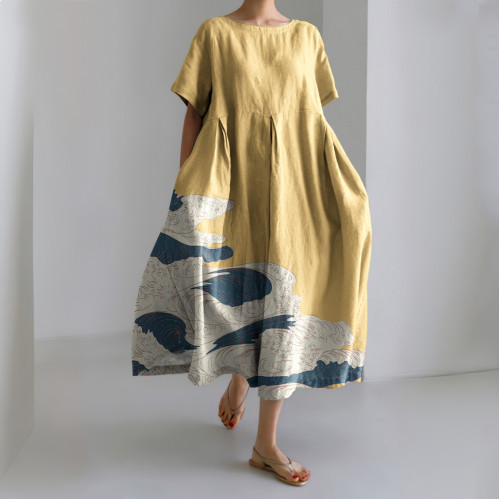 Japanese Wave Pattern Vintage Art Linen Blend Long Dress