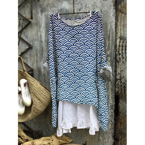 Japanese Wave Print Linen Blend Tunic